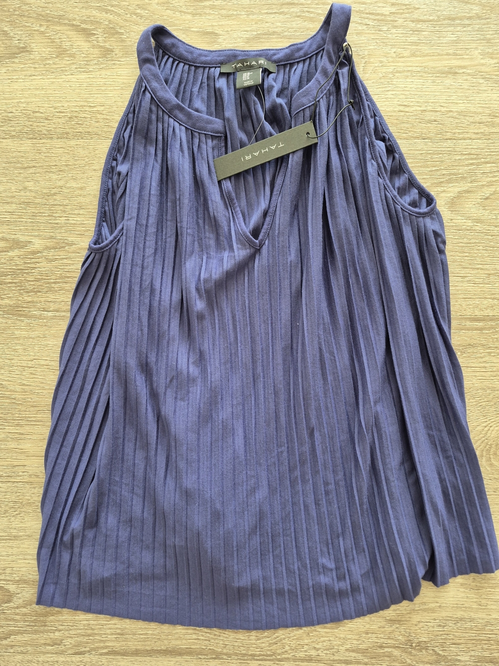 Tahari Navy Pleated Sleeveless Top